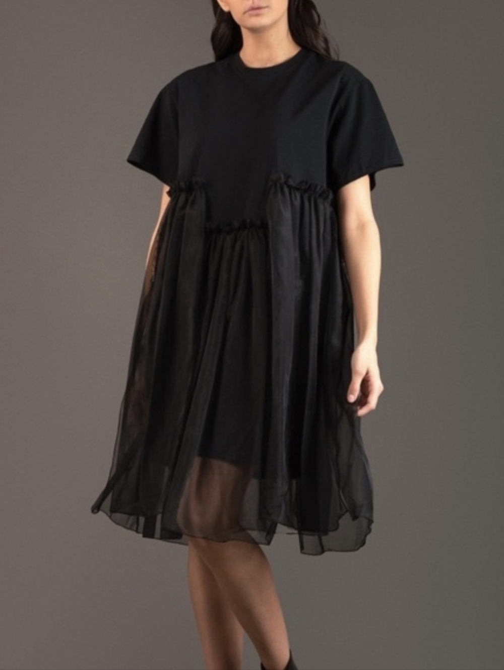 Black Short-Sleeve Midi Dress with Sheer Overlay